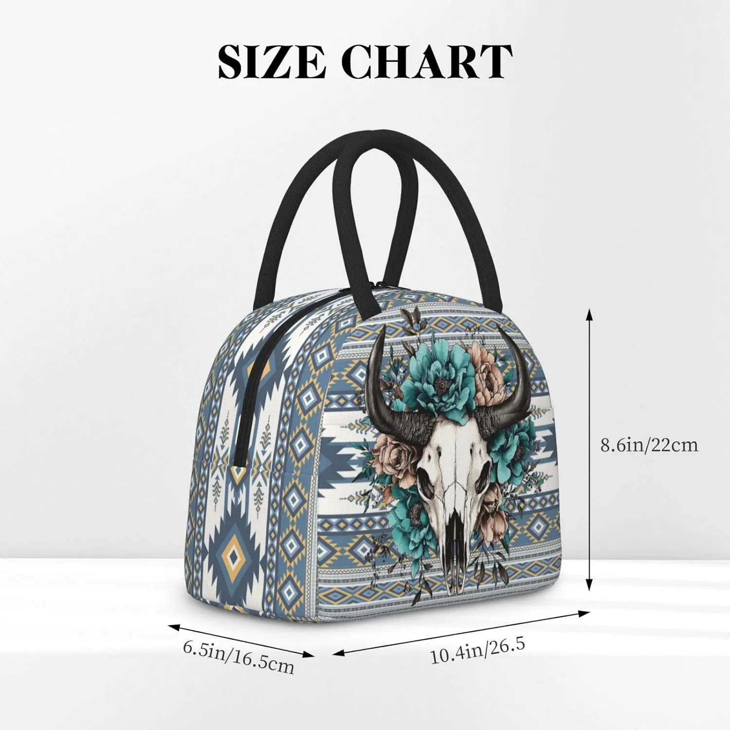 Western Aztec Lunch Bag for Woman Cow Skull Floral Print Insulated Cooler Bag Reusable Portable Thermal Lunch Tote for Work Camping Picnic Beach Home Restaurant Office Hiking Outdoor