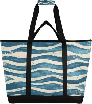 White Blue Ripple Reusable Insulated Lunchbox Cooler Bag, Leakproof Kitchen Grocery Bag Collapsible Portable Cooler Tote Bag for Picnic, Camping, Office, Travel