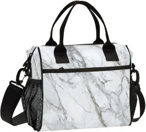 White Marble with Hints Of Black Pattern Large Lunch Box for Men Women Adults Insulated Lunch Bag Cooler Bag with Adjustable Shoulder Strap for Work Picnic Travel