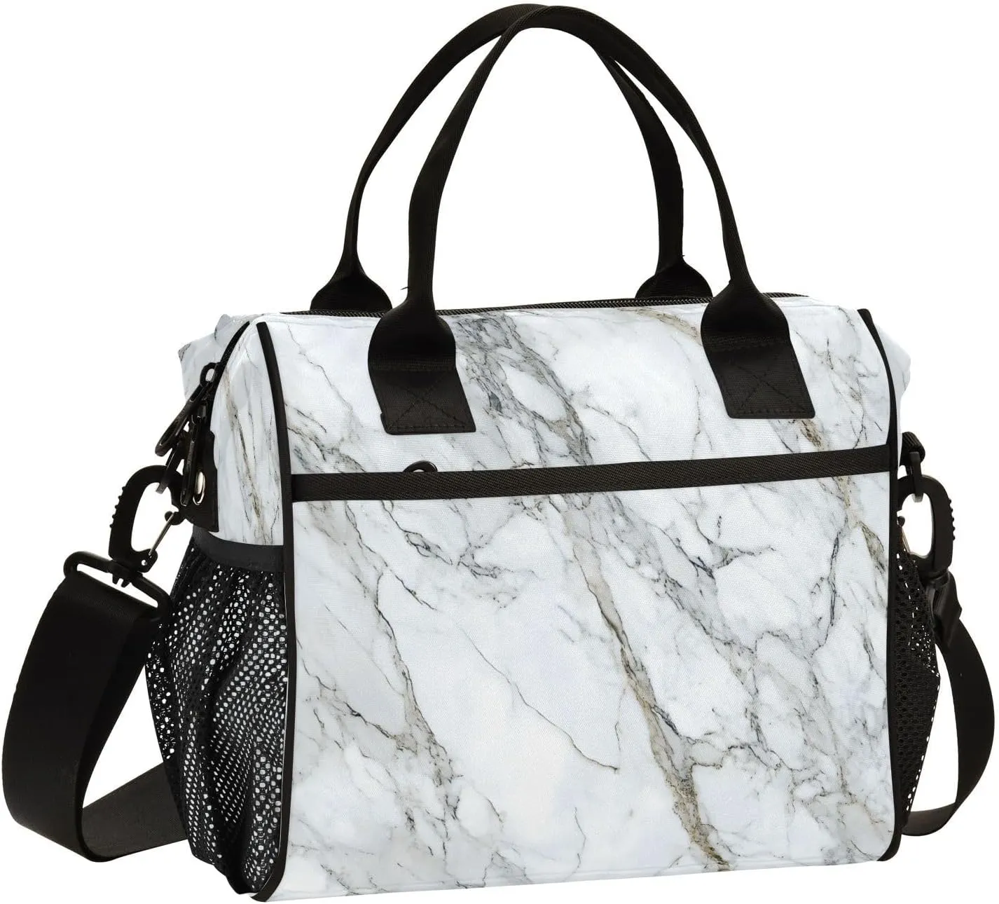 White Marble with Hints Of Black Pattern Large Lunch Box for Men Women Adults Insulated Lunch Bag Cooler Bag with Adjustable Shoulder Strap for Work Picnic Travel