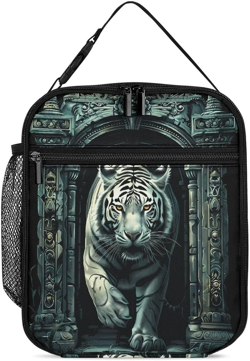 White Tiger Architecture Lunch Bag Insulated Box Portable Reusable Tote Handbag with Strap for Women Men