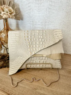 White/Gold Croc Cream and Gold Flap Clutch/Crossbody