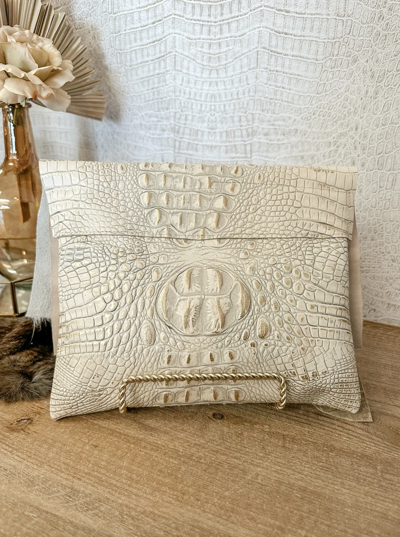 White/Gold Croc Cream and Gold Flap Clutch/Crossbody