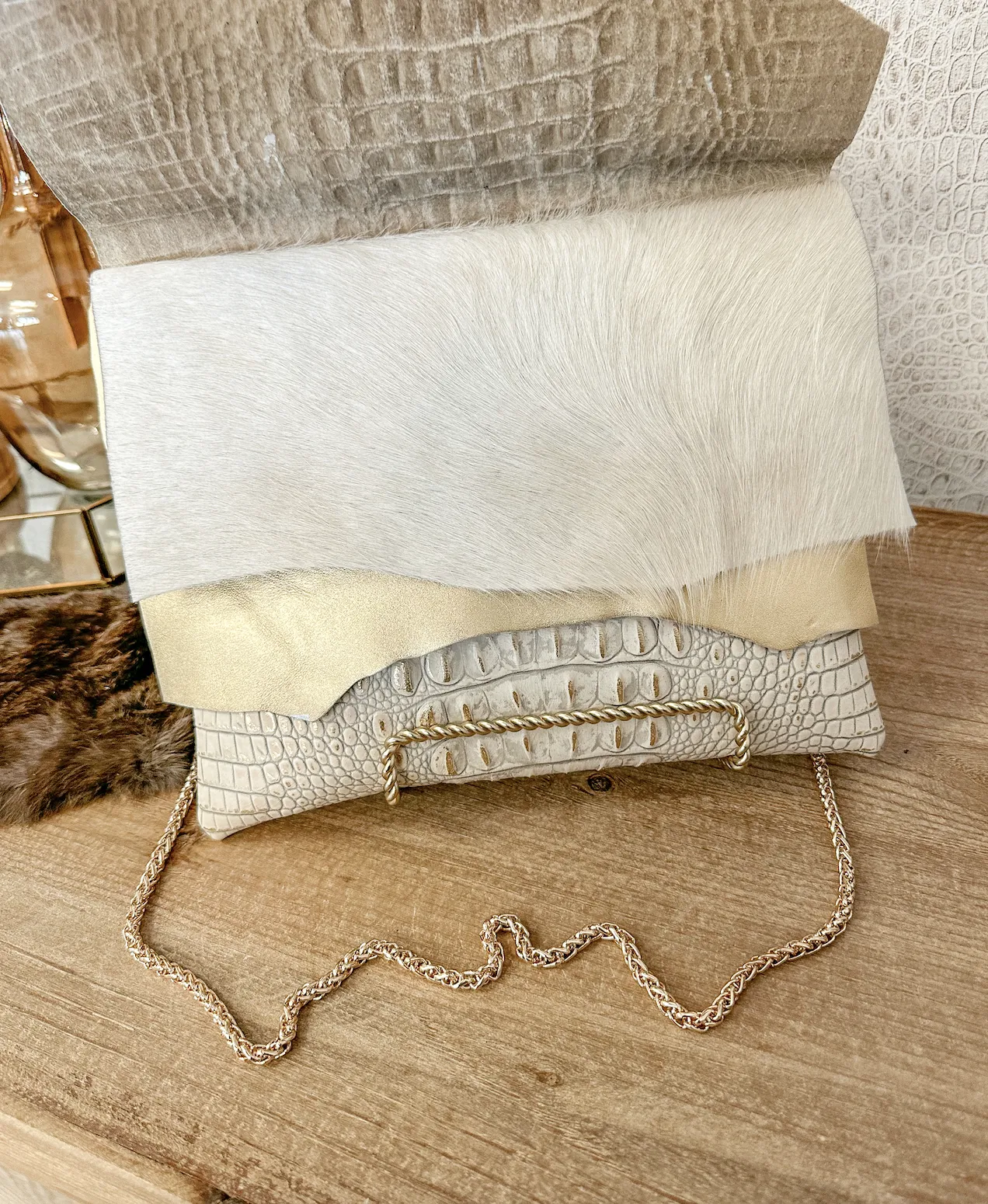 White/Gold Croc Cream and Gold Flap Clutch/Crossbody