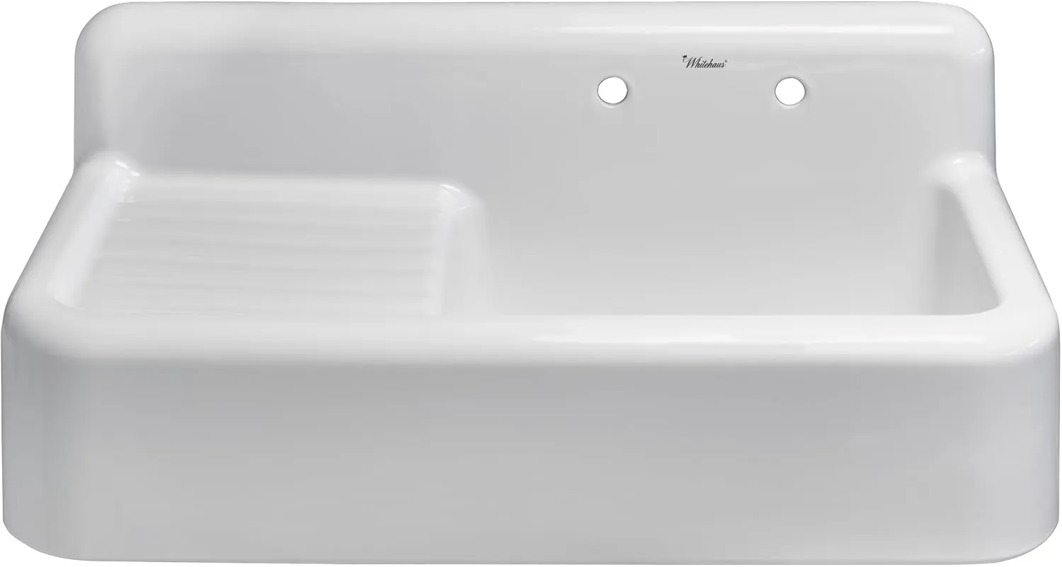 Whitehaus Collection WHQD4220-White 42" Single Bowl Fireclay Utility Above Mount Sink: Integral Drain Board, High Backsplash