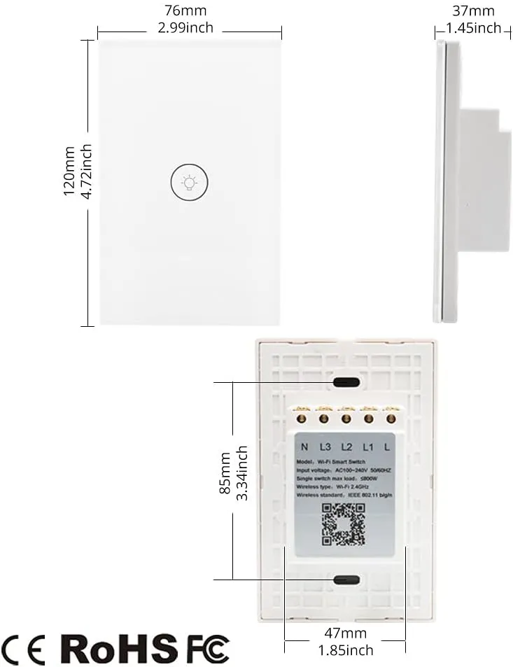 WiFi Smart Wall Light Switch Glass Touch Panel Wireless Remote Control by Mobile APP Anywhere Compatible with Alexa,Timing Function No Hub Required (Wall Switch 1 Gang).