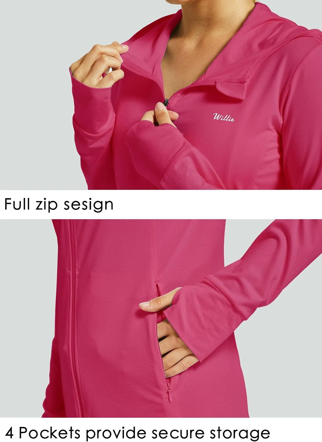 Willit Women's UPF 50  Sun Protection Shirts UV Long Sleeve Zip Hoodies SPF Lightweight Jacket Hiking Outdoor with Pockets