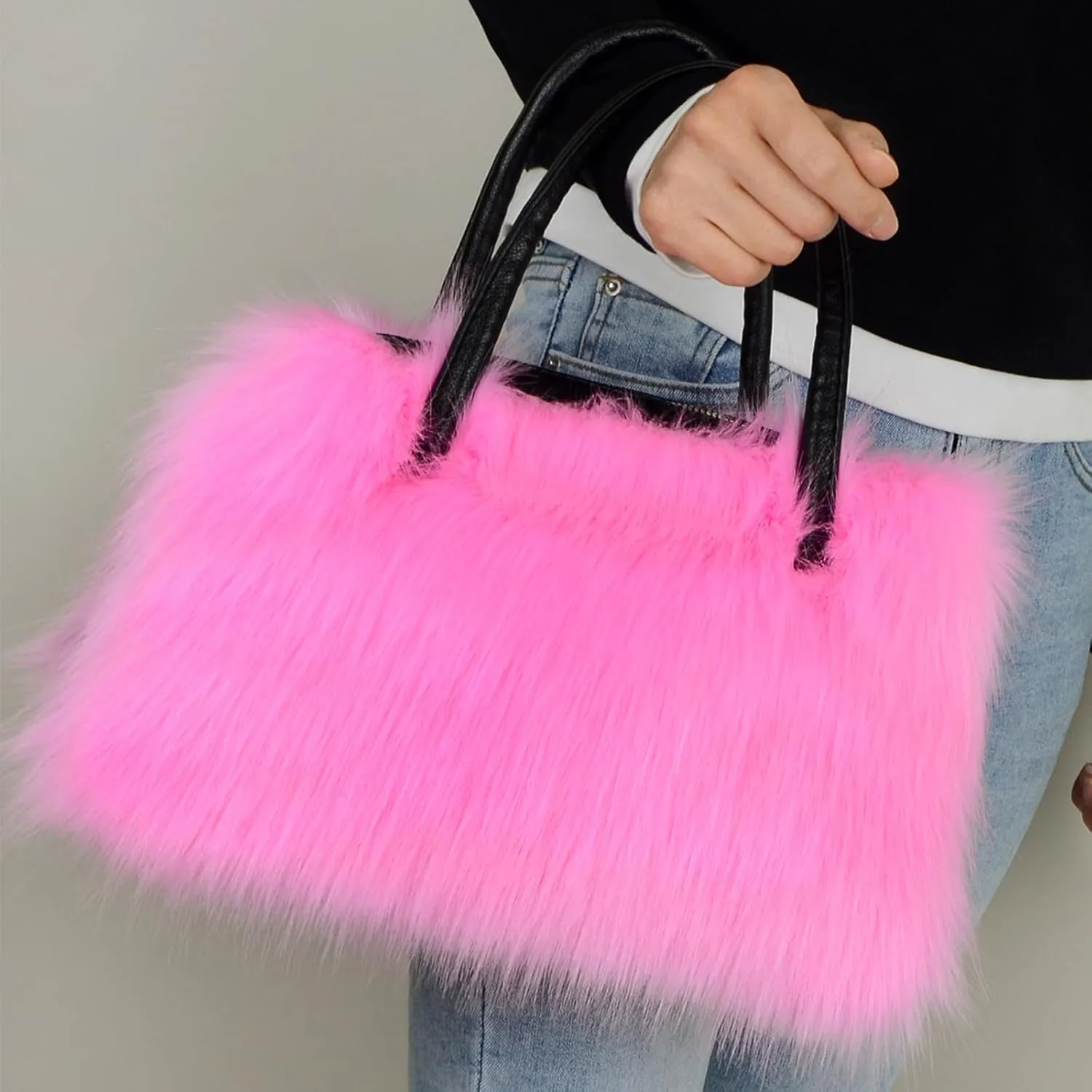 Winter Furry Handbag Soft Faux Fur Leather Bag Lightweight Travel Bag Cute Women's Shaggy Purse
