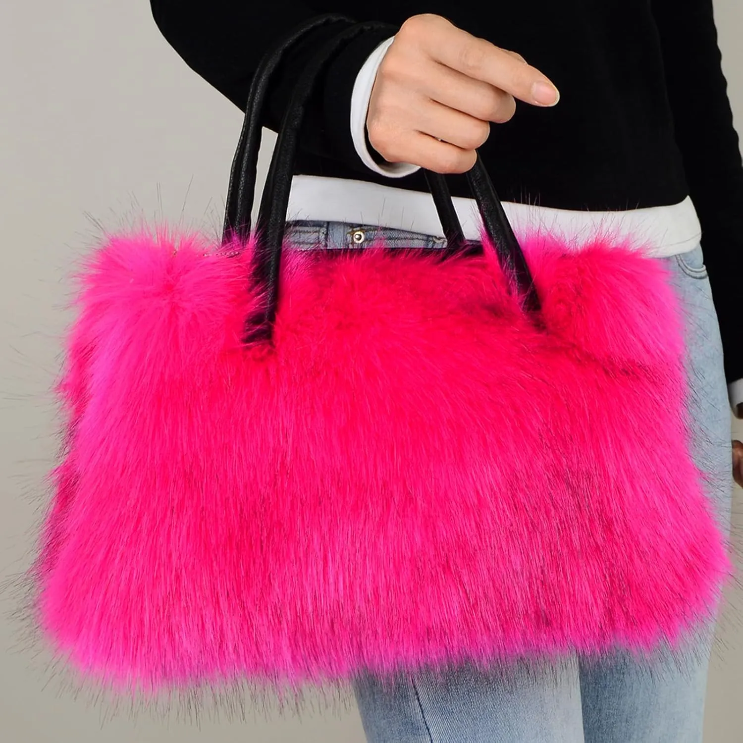 Winter Furry Handbag Soft Faux Fur Leather Bag Lightweight Travel Bag Cute Women's Shaggy Purse