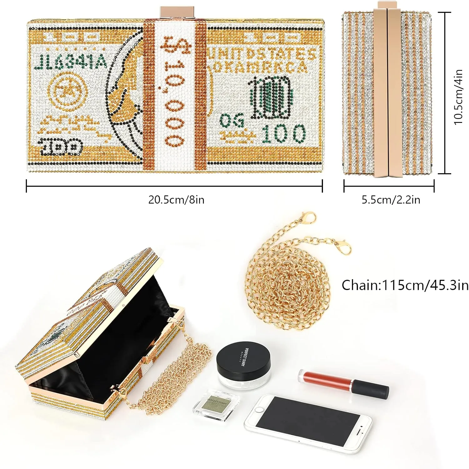WJCD Money Clutch Purses Rhinestone Crossbody Purse Unique Evening Clutch Handbag Shoulder Bag Money Purses Crossbody Bag
