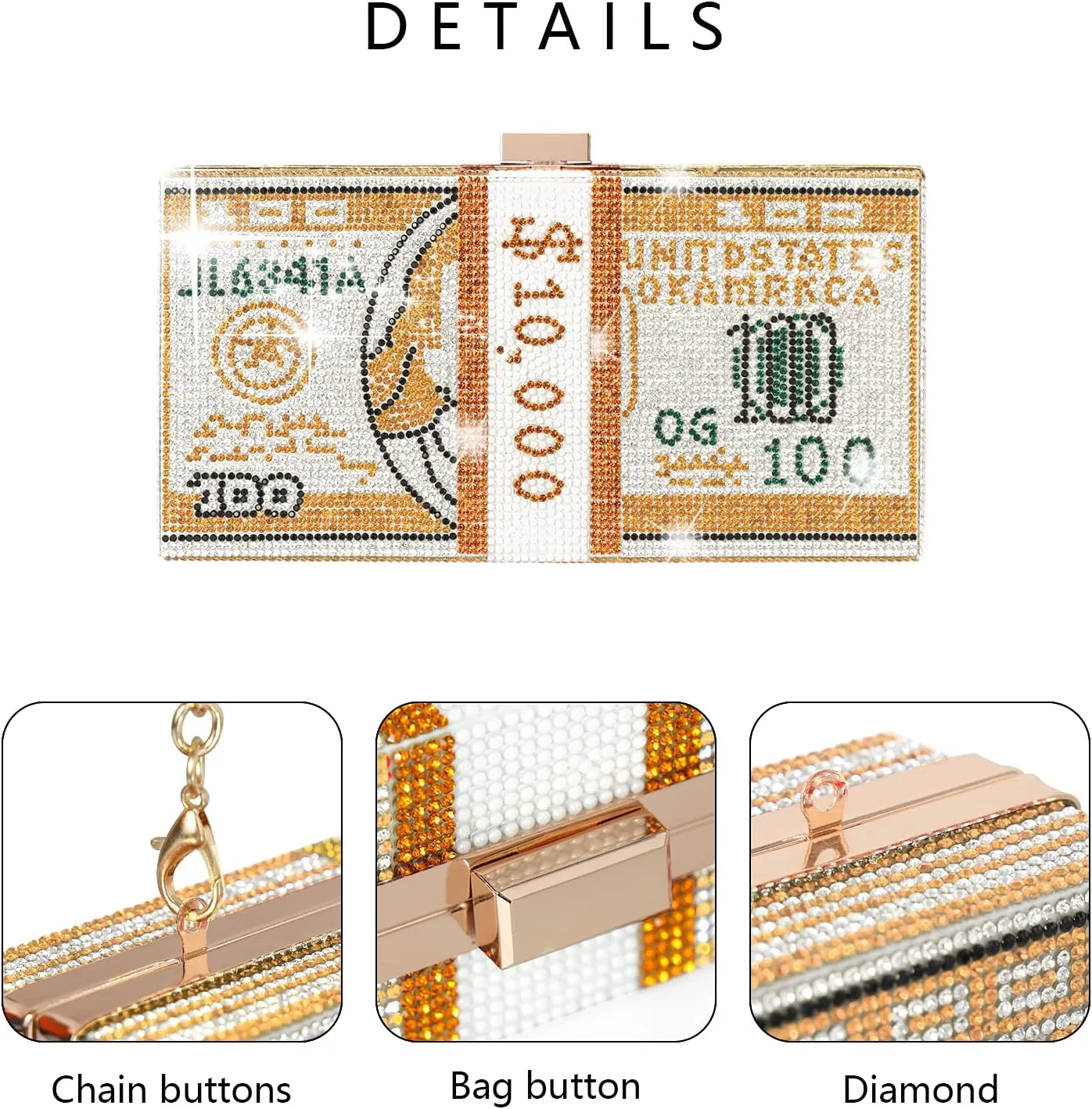 WJCD Money Clutch Purses Rhinestone Crossbody Purse Unique Evening Clutch Handbag Shoulder Bag Money Purses Crossbody Bag