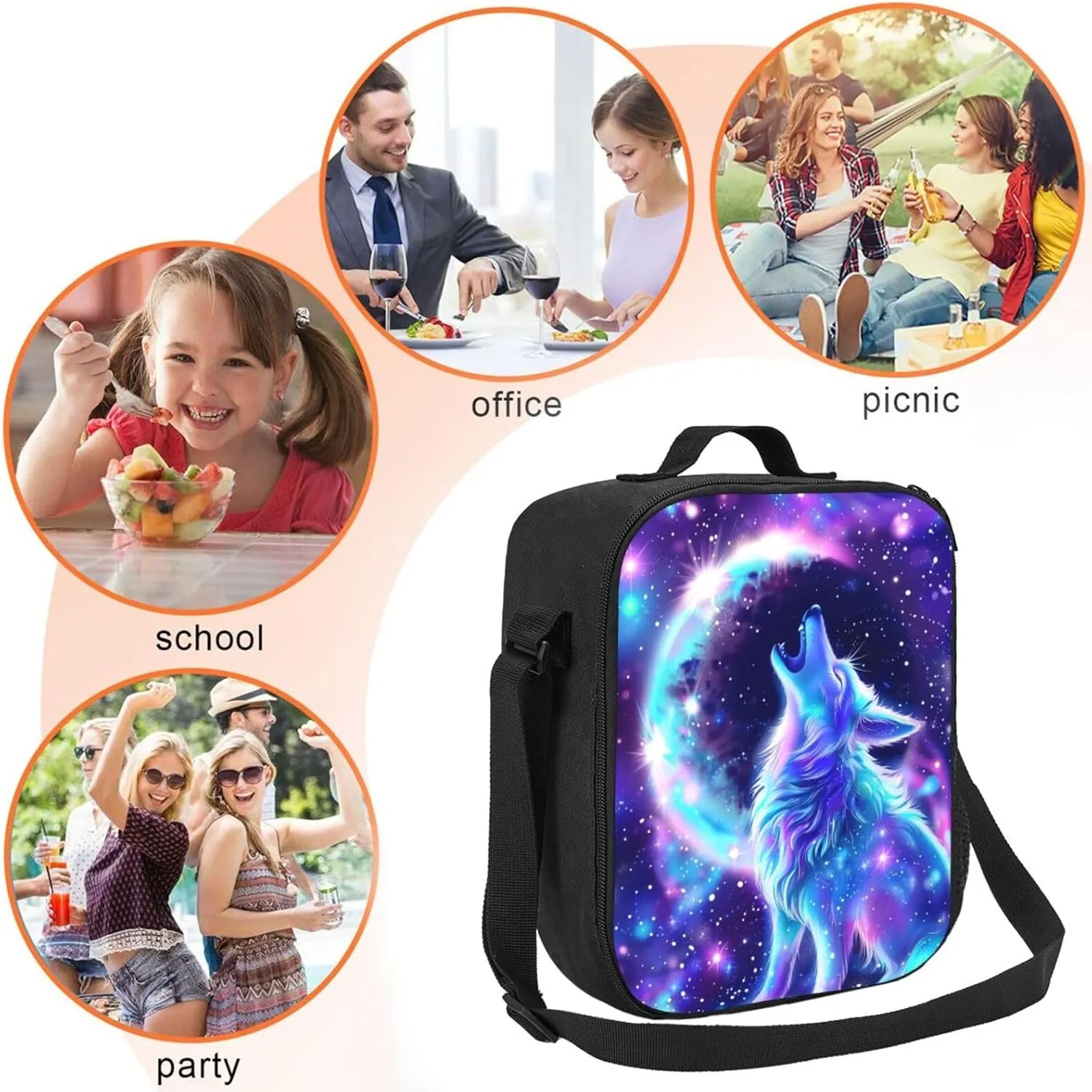 Wolf Lunch Box Insulated Lunch Bag for Women Men Reusable Large Capacity Lunchbox with Shoulder Strap Small Leakproof Cooler Food Bento Tote Bag for Work Travel Picnic