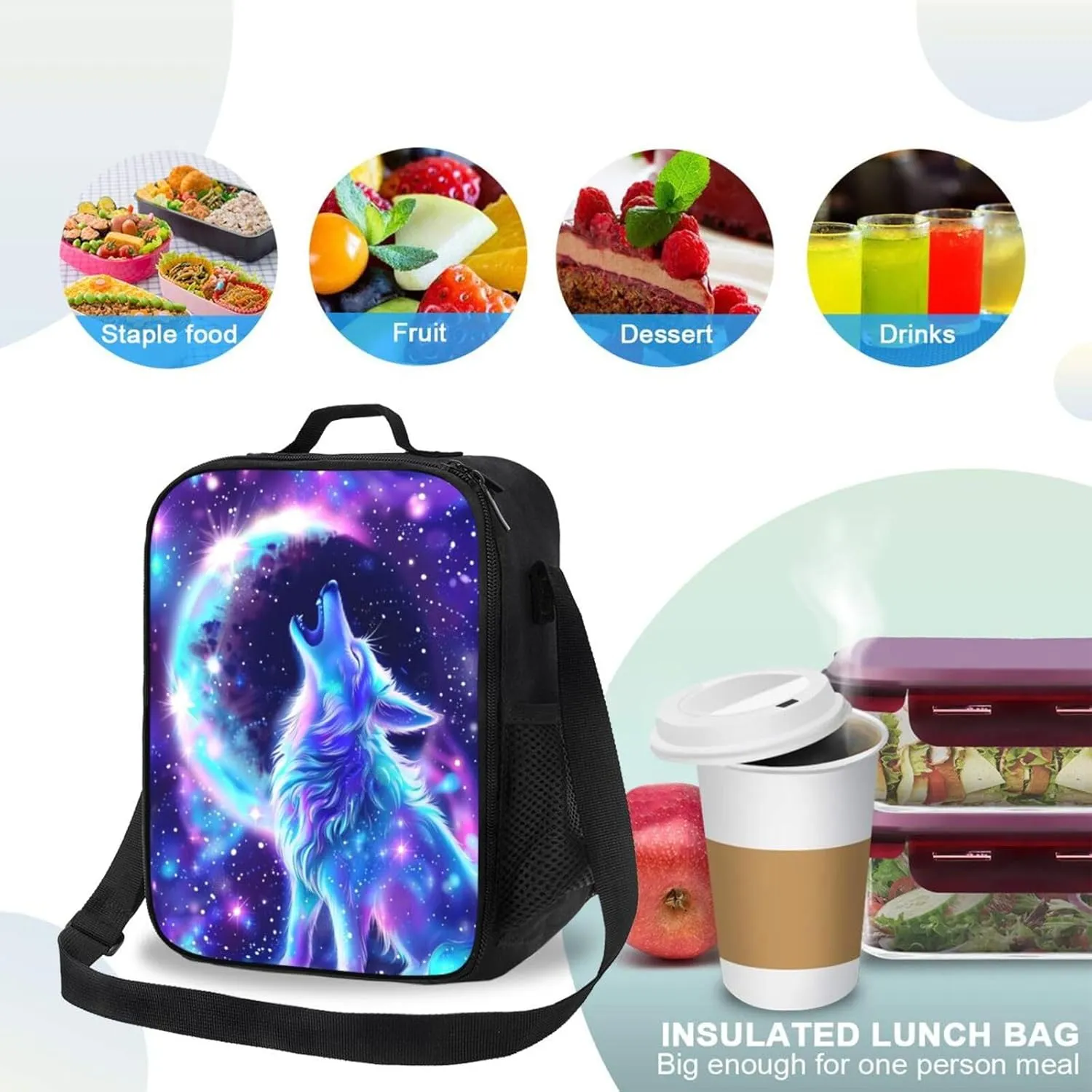 Wolf Lunch Box Insulated Lunch Bag for Women Men Reusable Large Capacity Lunchbox with Shoulder Strap Small Leakproof Cooler Food Bento Tote Bag for Work Travel Picnic