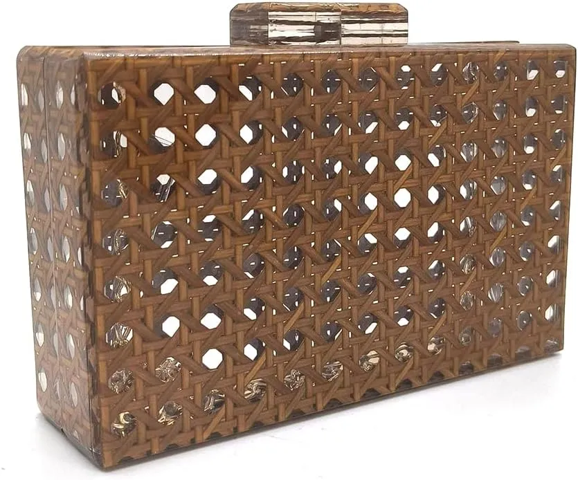 Women Acrylic Bag Rattan Clutch Purse Woven Bag Square Box Crossbody Handbag Shoulder Bag Summer Beach Purse