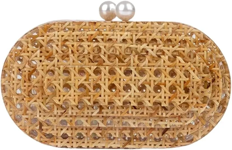 Women Acrylic Rattan Clutch Purse Rattan Woven Evening Bag Wedding Party Purse Summer Beach Wicker Shoulder Handbag