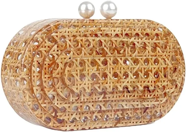 Women Acrylic Rattan Clutch Purse Rattan Woven Evening Bag Wedding Party Purse Summer Beach Wicker Shoulder Handbag