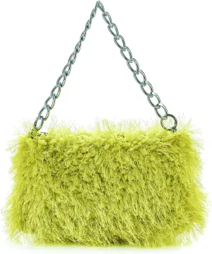 Women Faux Fur Fluffy Shoudler Bag Trendy Soft Plush Hobo Purse Y2K Fuzzy Underarm Tote Small Square Chain Strap Handbag