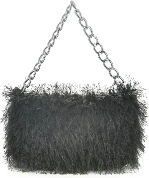 Women Faux Fur Fluffy Shoudler Bag Trendy Soft Plush Hobo Purse Y2K Fuzzy Underarm Tote Small Square Chain Strap Handbag