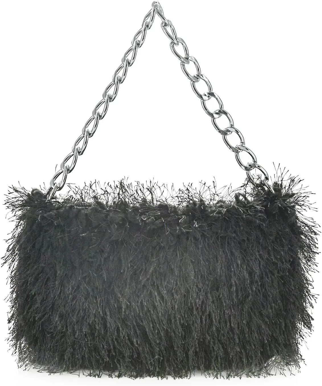 Women Faux Fur Fluffy Shoudler Bag Trendy Soft Plush Hobo Purse Y2K Fuzzy Underarm Tote Small Square Chain Strap Handbag
