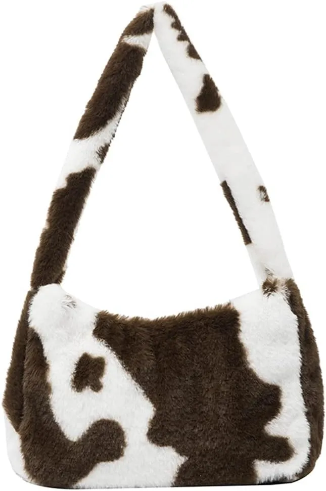 Women Fluffy Faux Fur Cow Print Shoulder Bag Clutch Purse Underarm Handbag Satchel Zipper Tote Bag Purse