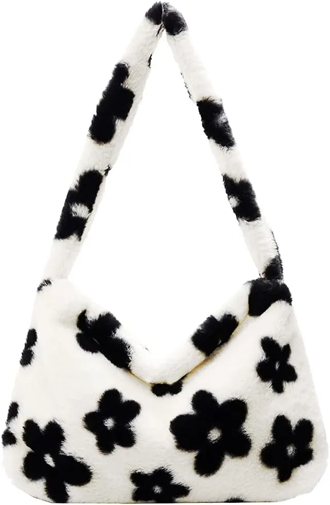 Women Fluffy Faux Fur Cow Print Shoulder Bag Clutch Purse Underarm Handbag Satchel Zipper Tote Bag Purse