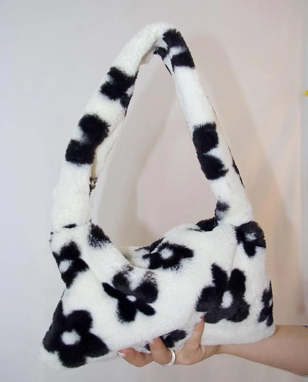 Women Fluffy Faux Fur Cow Print Shoulder Bag Clutch Purse Underarm Handbag Satchel Zipper Tote Bag Purse