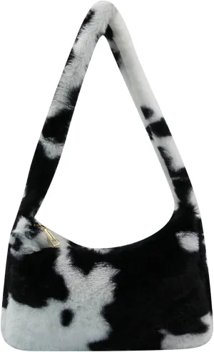 Women Girls Fashion Leopard Cow Print Fluffy Tote Handbag Soft Plush Faux Fur Underarm Shoulder Wallet Purse
