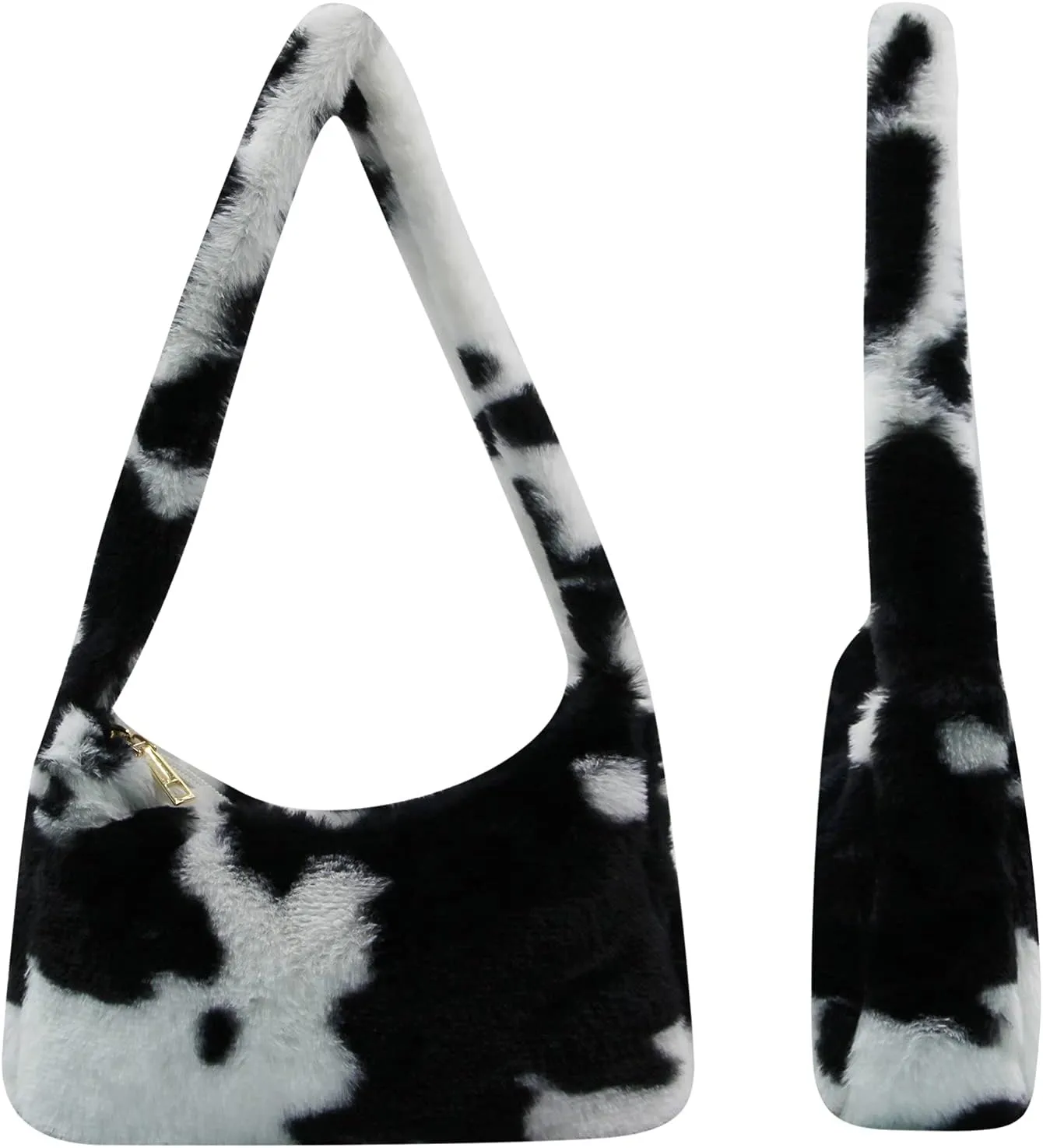 Women Girls Fashion Leopard Cow Print Fluffy Tote Handbag Soft Plush Faux Fur Underarm Shoulder Wallet Purse