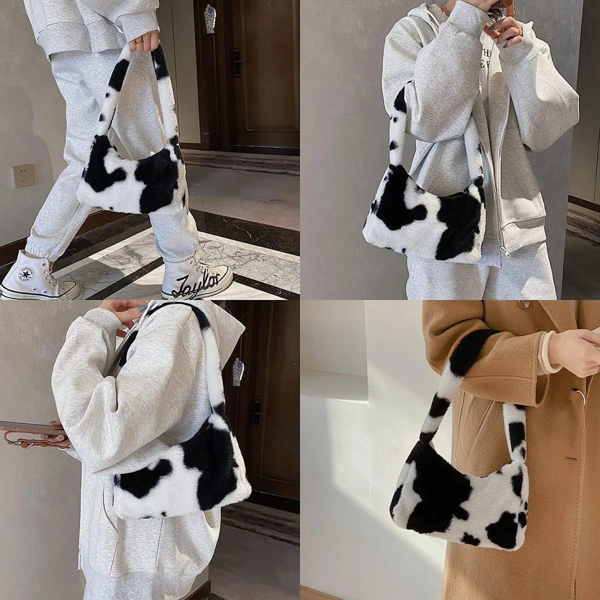 Women Girls Fashion Leopard Cow Print Fluffy Tote Handbag Soft Plush Faux Fur Underarm Shoulder Wallet Purse