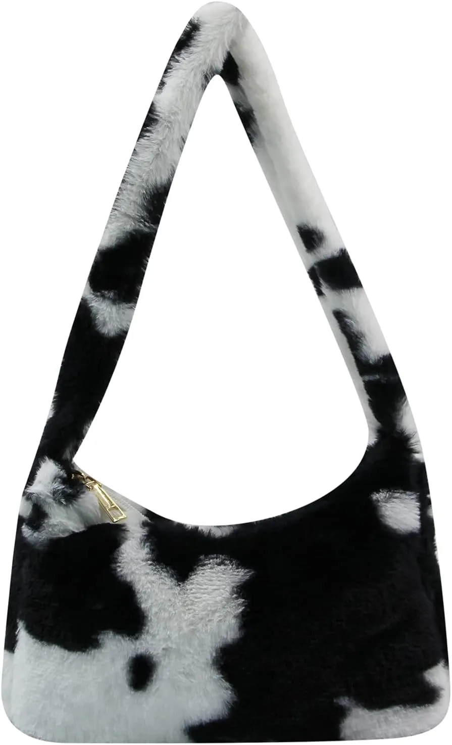 Women Girls Fashion Leopard Cow Print Fluffy Tote Handbag Soft Plush Faux Fur Underarm Shoulder Wallet Purse