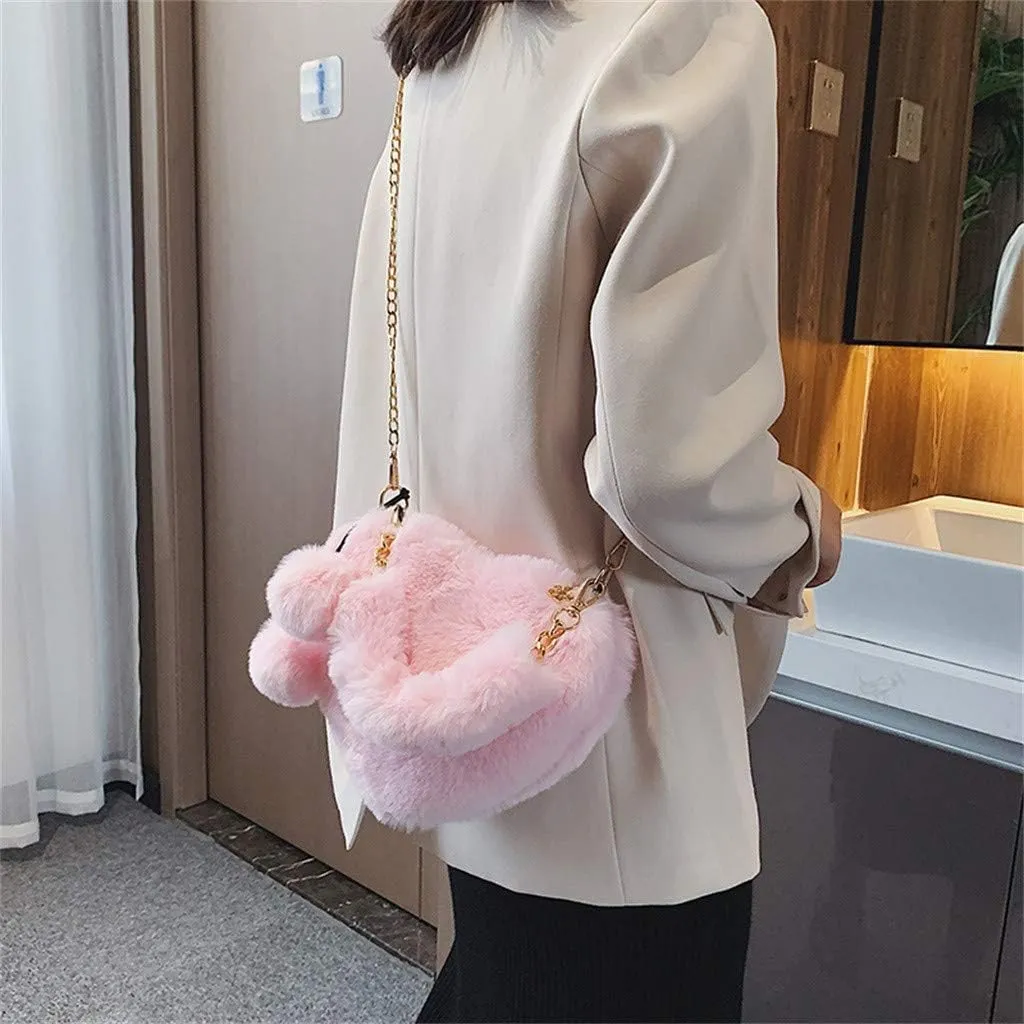 Women Girls Faux Fur Heart Shaped Handbag Plush Shoulder Bag Clutch Purse with Metal Chain Strap