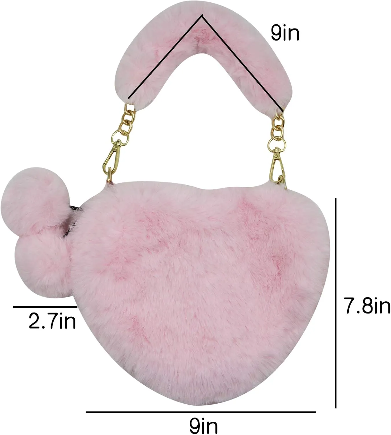 Women Girls Faux Fur Heart Shaped Handbag Plush Shoulder Bag Clutch Purse with Metal Chain Strap