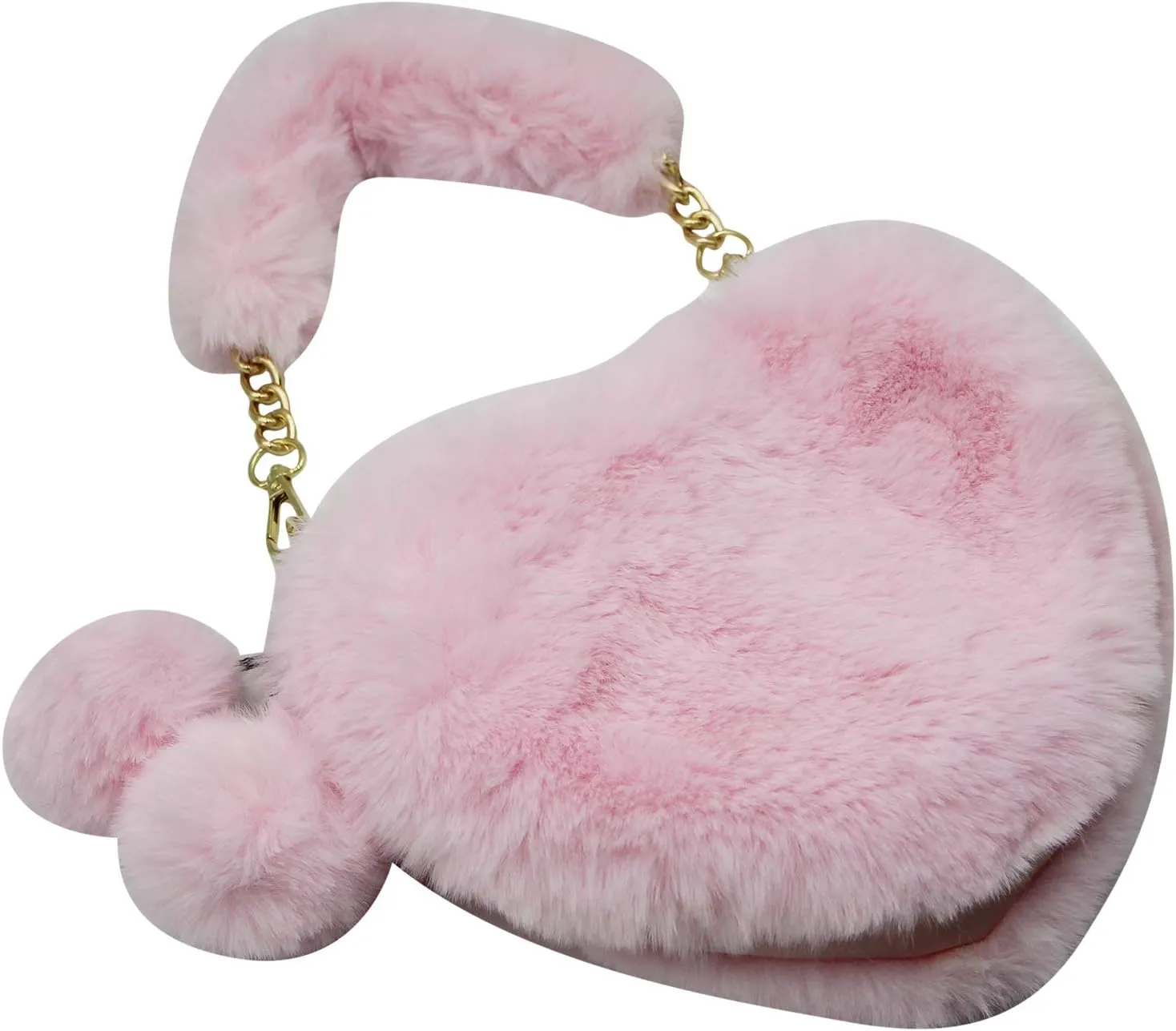 Women Girls Faux Fur Heart Shaped Handbag Plush Shoulder Bag Clutch Purse with Metal Chain Strap