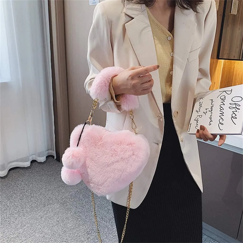 Women Girls Faux Fur Heart Shaped Handbag Plush Shoulder Bag Clutch Purse with Metal Chain Strap