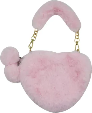 Women Girls Faux Fur Heart Shaped Handbag Plush Shoulder Bag Clutch Purse with Metal Chain Strap