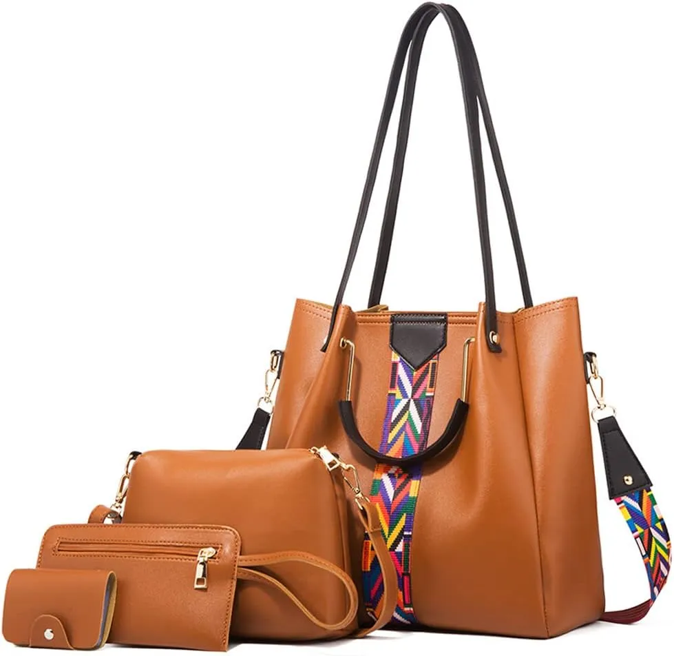 Women Handbags Sets Leather Purses Color Woven Tape Tote Bags Shoulder Crossbody Bag Top Handle Bag Wallet 4Pcs