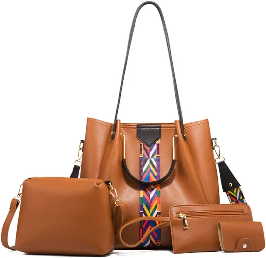 Women Handbags Sets Leather Purses Color Woven Tape Tote Bags Shoulder Crossbody Bag Top Handle Bag Wallet 4Pcs