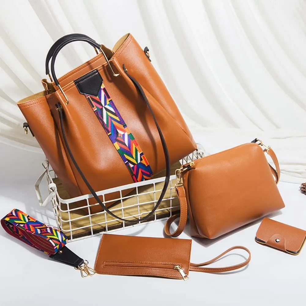 Women Handbags Sets Leather Purses Color Woven Tape Tote Bags Shoulder Crossbody Bag Top Handle Bag Wallet 4Pcs