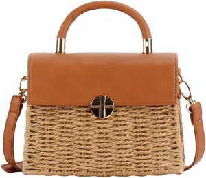 Women Handwoven Straw Purse Rattan Handbag Beach Woven Straw Tote Square Bag Boho Basket Crossbody Bag