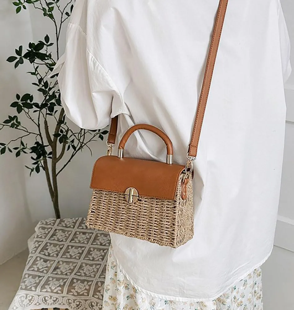 Women Handwoven Straw Purse Rattan Handbag Beach Woven Straw Tote Square Bag Boho Basket Crossbody Bag