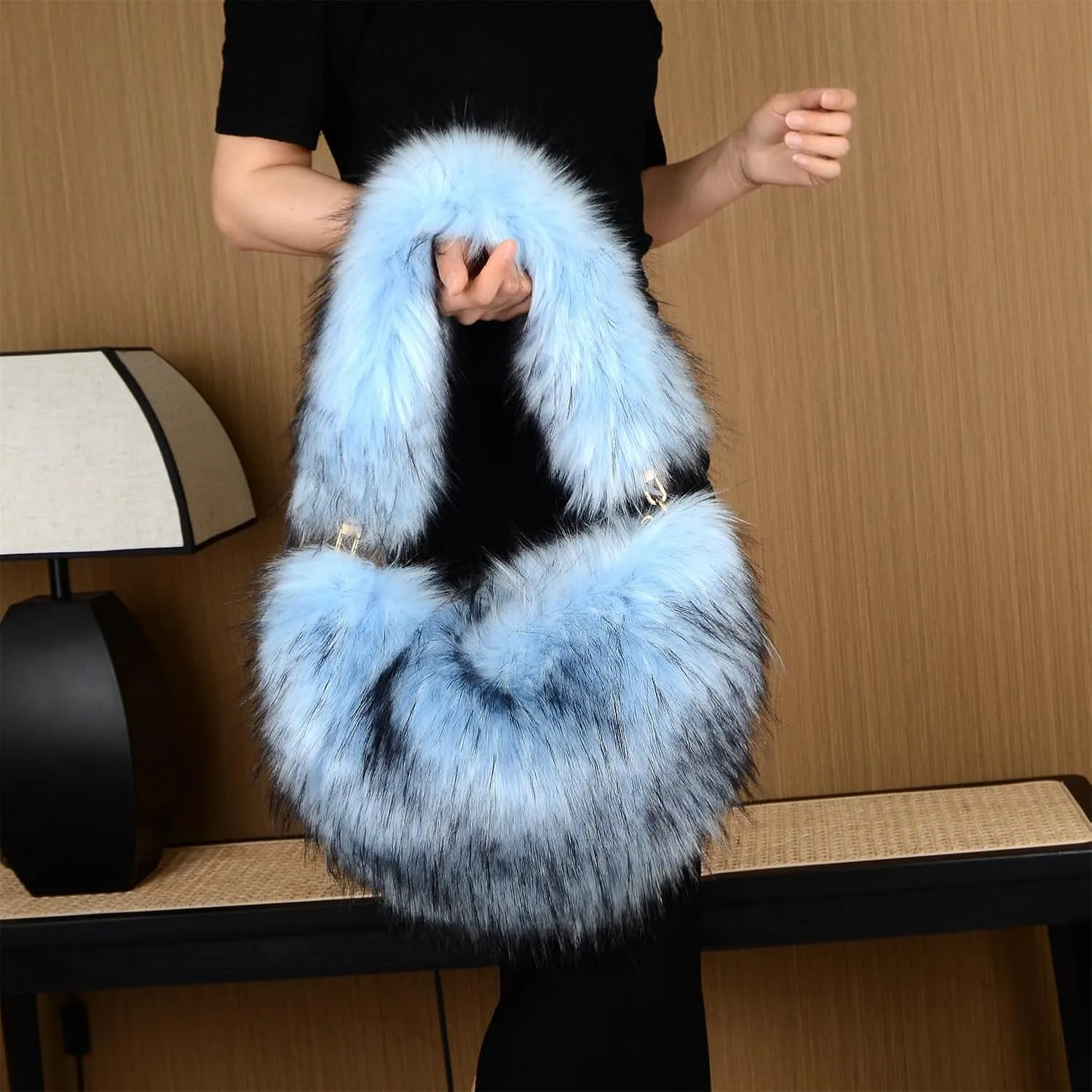 Women Heart Shaped Tote Bag Plush Faux-Fur Winter Clutch Purse Sky Blue