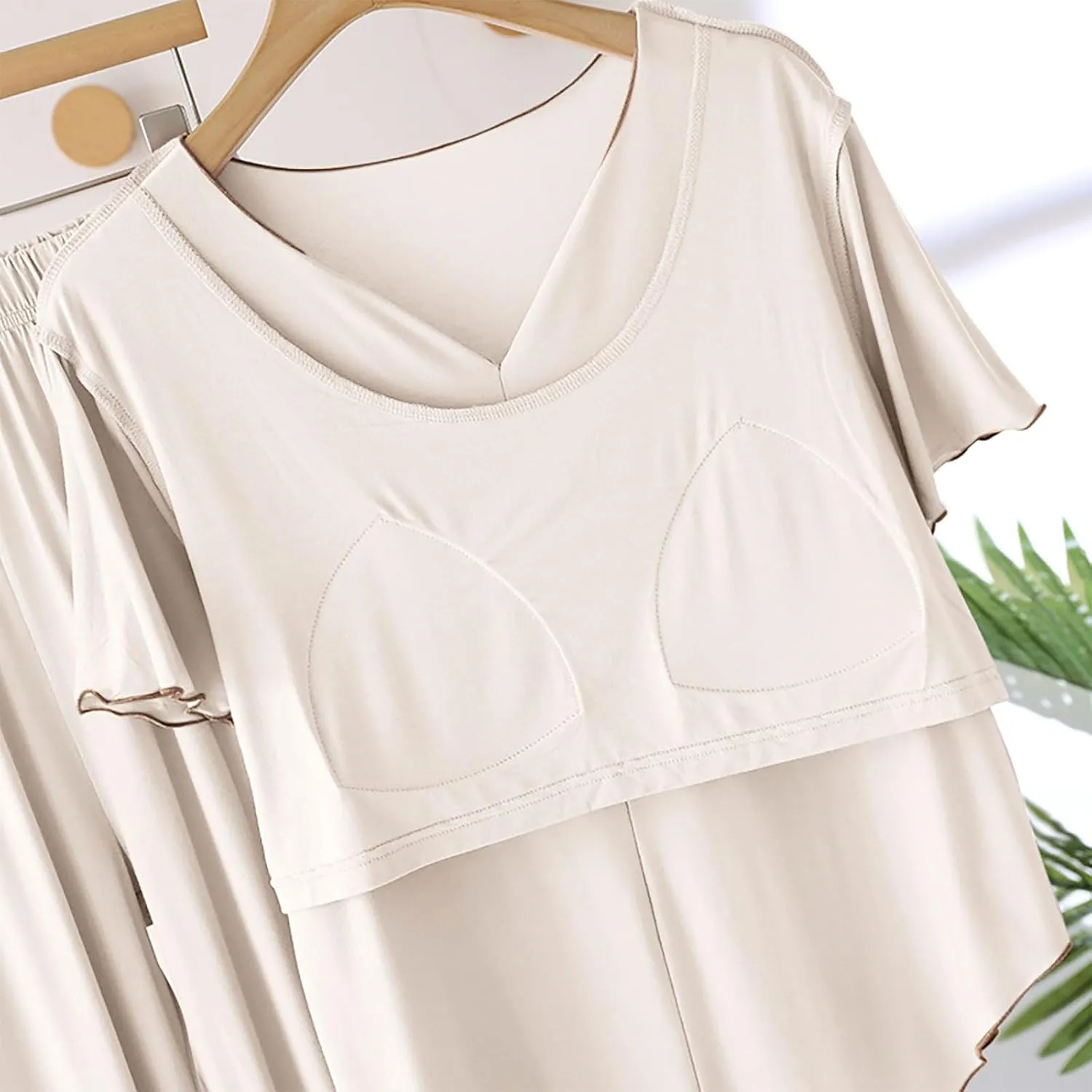 Women Modal Casual Pajama Set, Summer Loose Breathable Loungewear Pjs Short Sleeve Tops Built in Bra and Pockets Pants