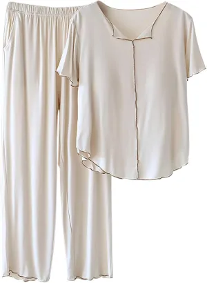 Women Modal Casual Pajama Set, Summer Loose Breathable Loungewear Pjs Short Sleeve Tops Built in Bra and Pockets Pants