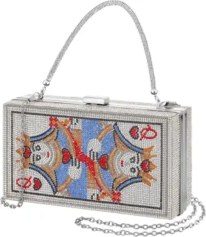 Women Poker Card Evening Clutch Rhinestone Purse Casino Vegas Novelty Purse Queen Hearts Bags Playing Cards Gift(Silver,Silver Queen)