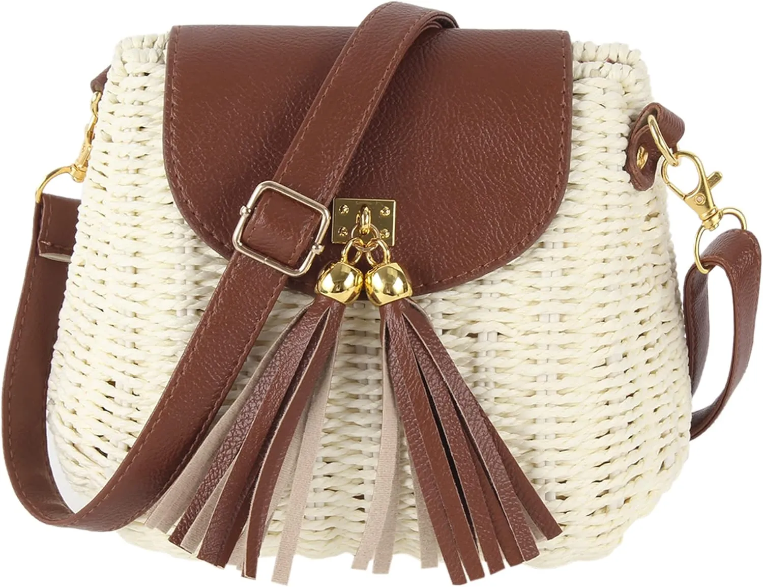 Women Small Bells Tassels Rattan Straw Woven Cross-body Bag Shoulder Bag Summer Beach Travel Hobo Bag