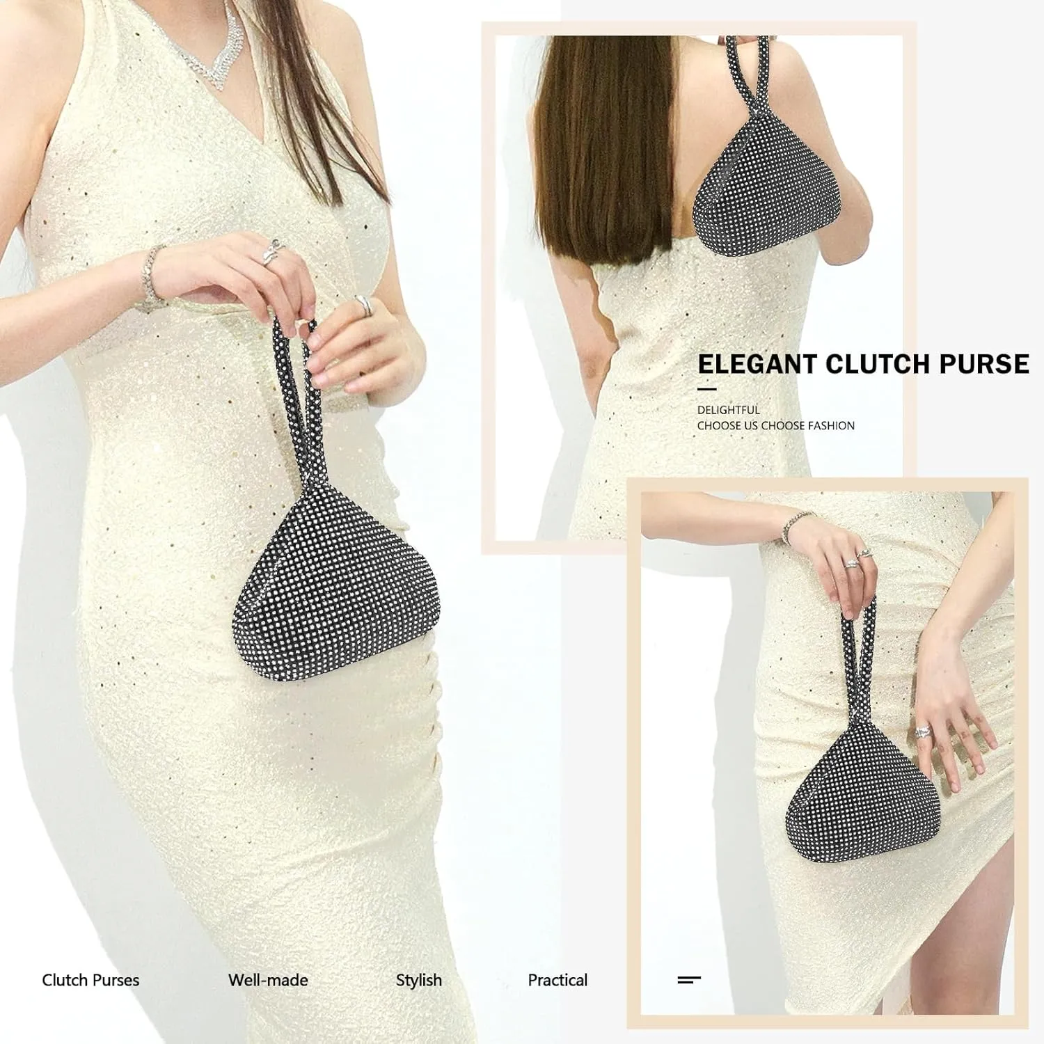 Women's Clutch Evening Bag- Mini Size Full Rhinestones Bling Wrist Clutch Purse for Party Wedding Date Night