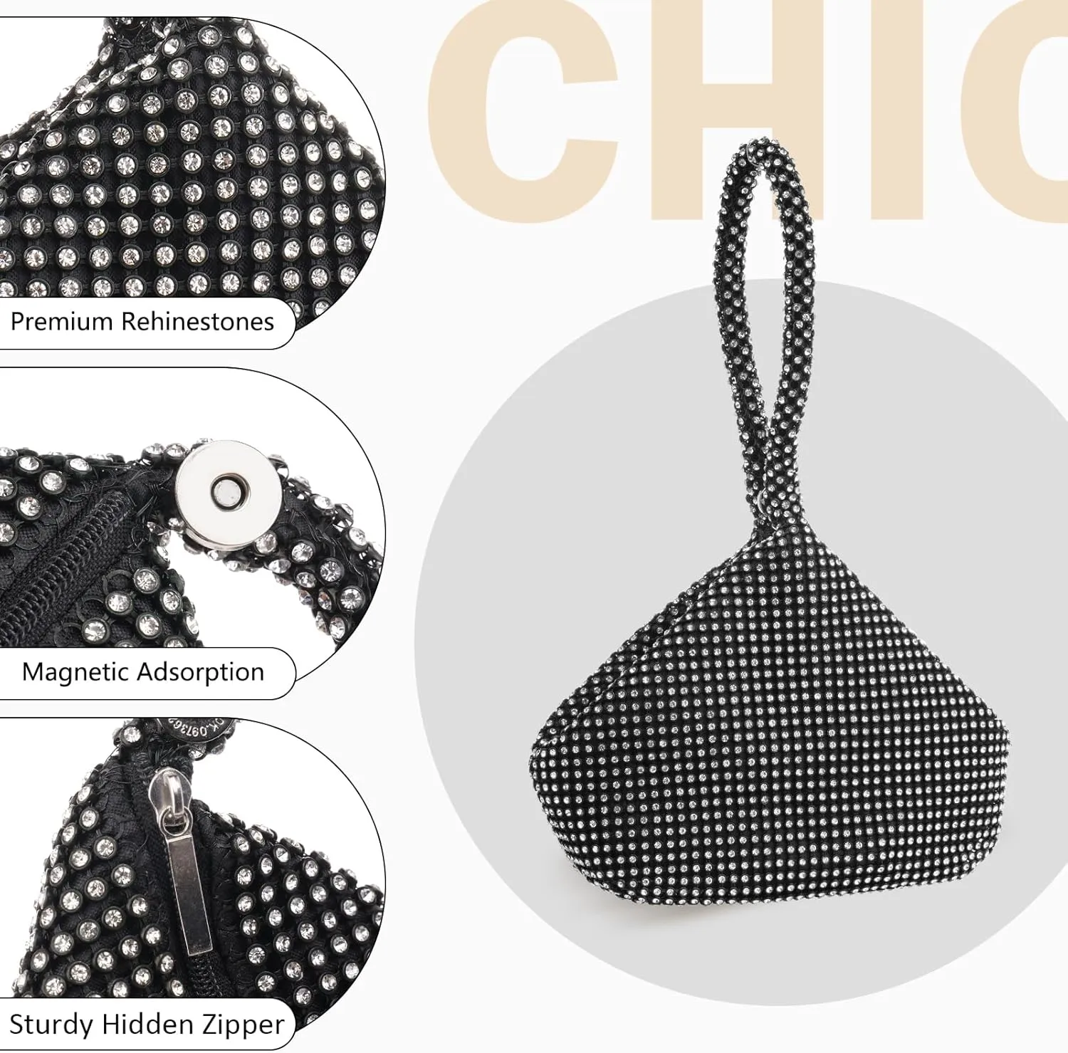 Women's Clutch Evening Bag- Mini Size Full Rhinestones Bling Wrist Clutch Purse for Party Wedding Date Night