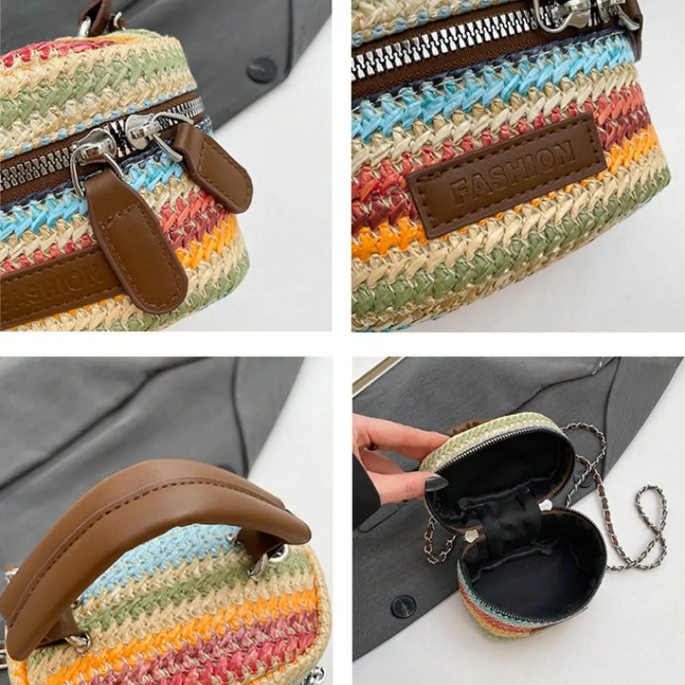 Women's Colorful Straw Crossbody Bag with Chain Strap Stylish Versatile Handbags