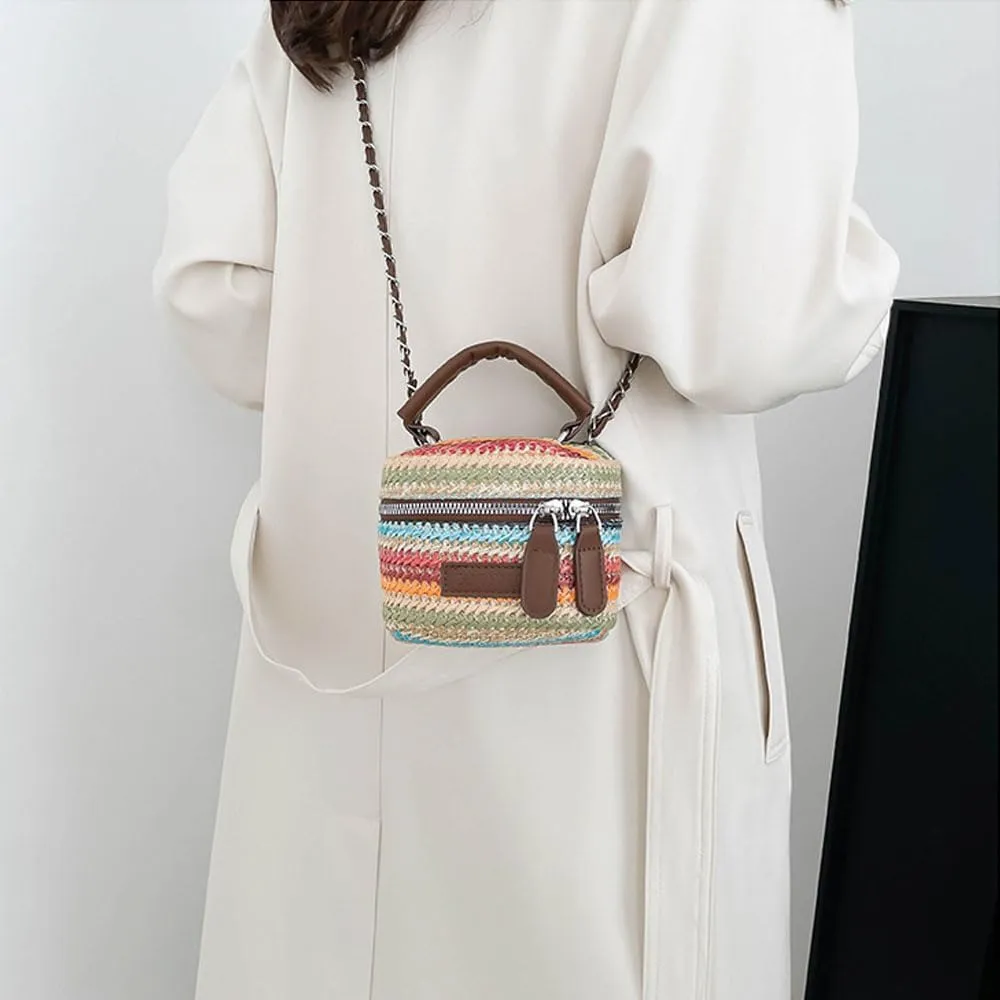 Women's Colorful Straw Crossbody Bag with Chain Strap Stylish Versatile Handbags