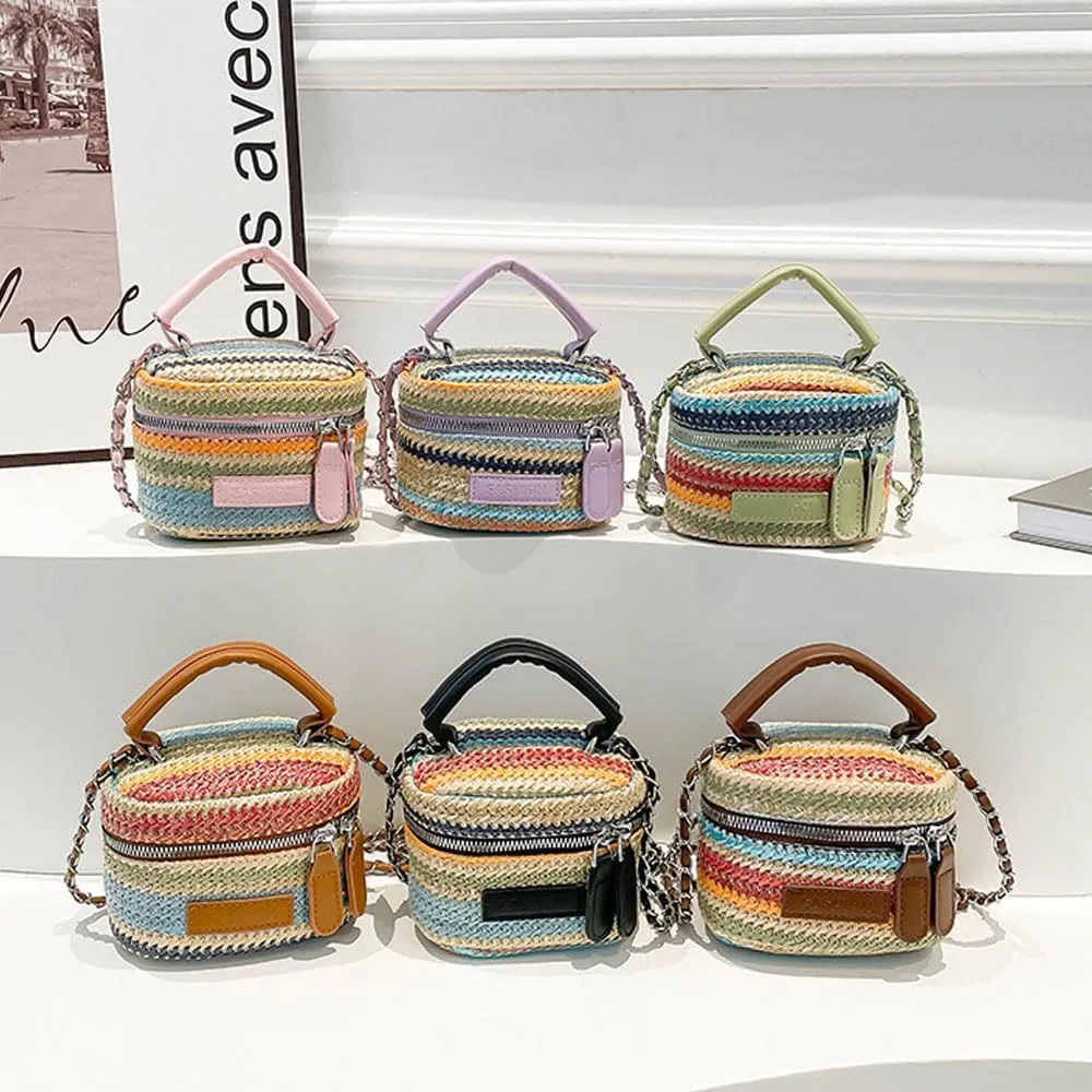 Women's Colorful Straw Crossbody Bag with Chain Strap Stylish Versatile Handbags